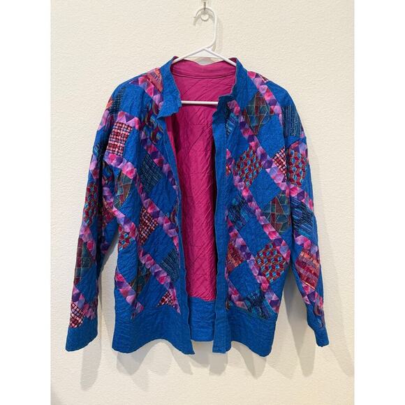 Handmade Quilted Jacket with Pockets Blue Pink L/XL Grannycore Cottagecore - Picture 1 of 8